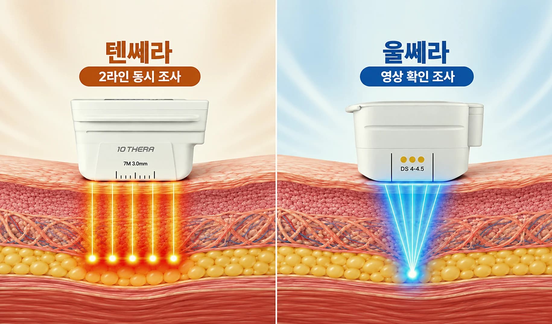 텐쎄라 2라인 조사와 울쎄라 영상 확인 방식을 피부층 단면에 비교한 텐쎄라 울쎄라 차이 썸네일