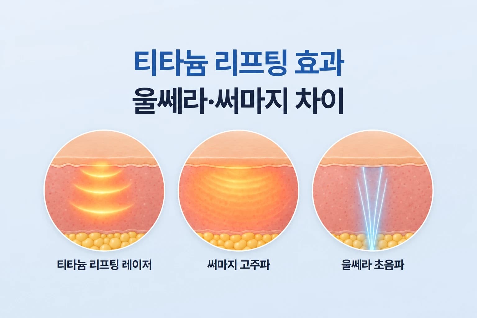 레이저·고주파·초음파 에너지가 닿는 피부 깊이를 세 컷으로 비교한 티타늄 리프팅 효과 썸네일